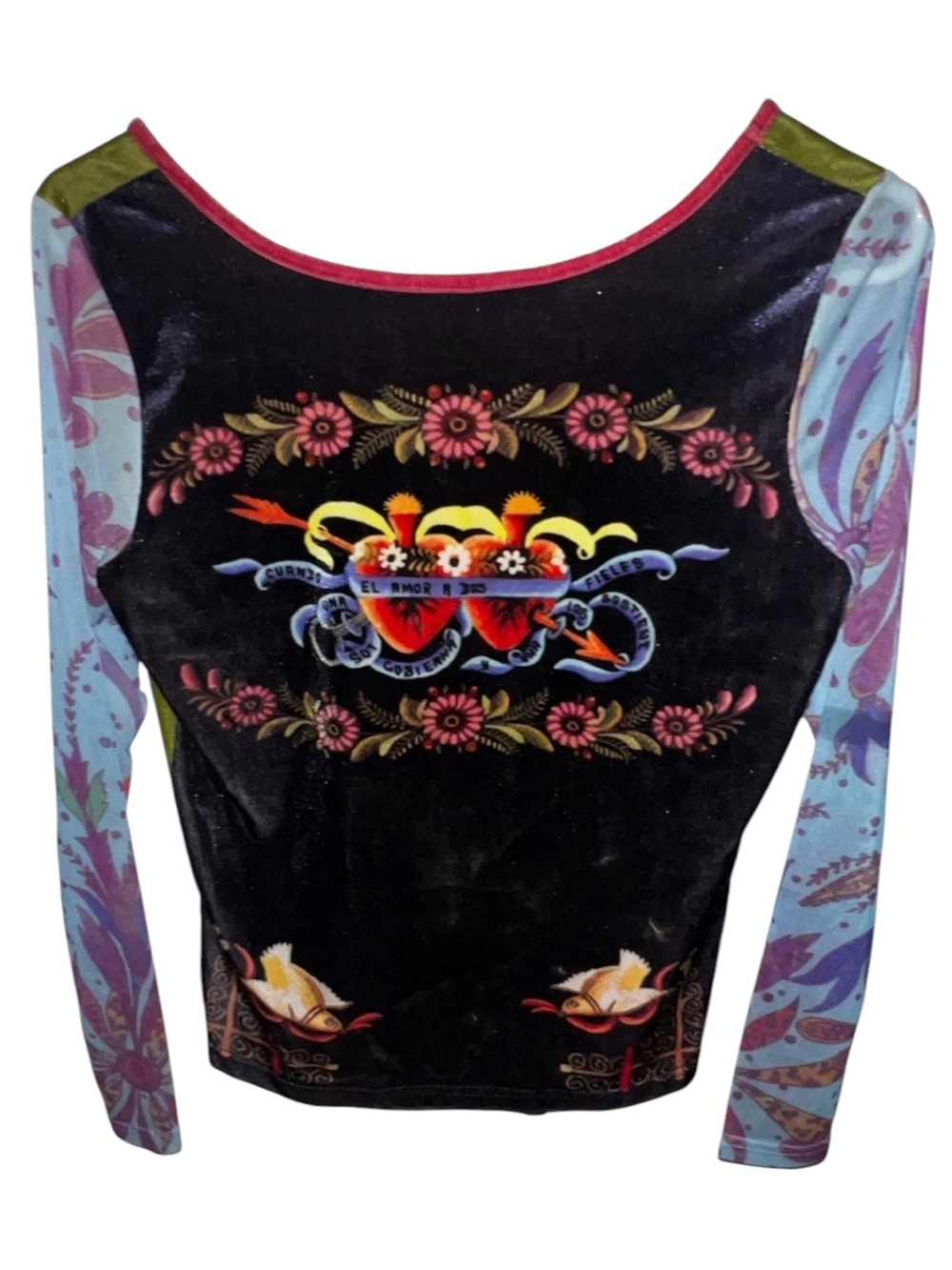 NWT Jane Doe Long Sleeve Spanish Heart Velvet Sheer Top Women Multi-Color Size M